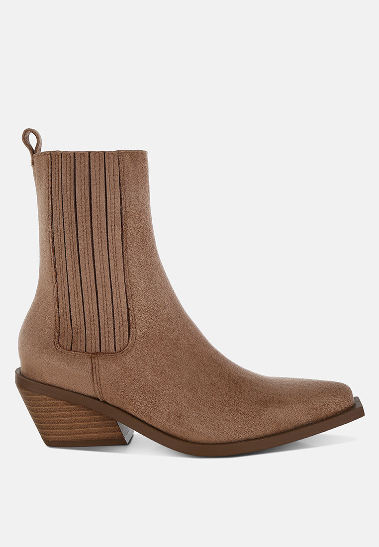 Beige High Ankle Microfiber Chelsea Boots by London Rag – high ankle Chelsea boots in premium microfiber with a slanted block heel and pull tabs, front view