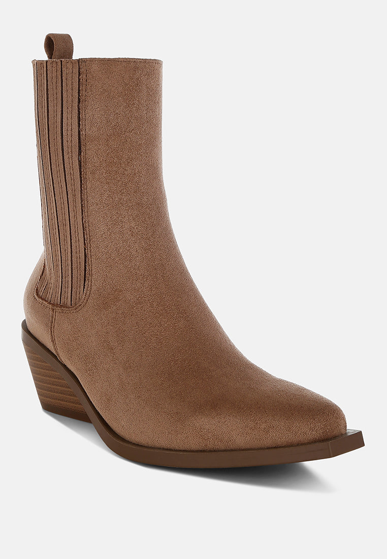 Beige High Ankle Microfiber Chelsea Boots by London Rag – high ankle Chelsea boots in premium microfiber with a slanted block heel and pull tabs, angled view