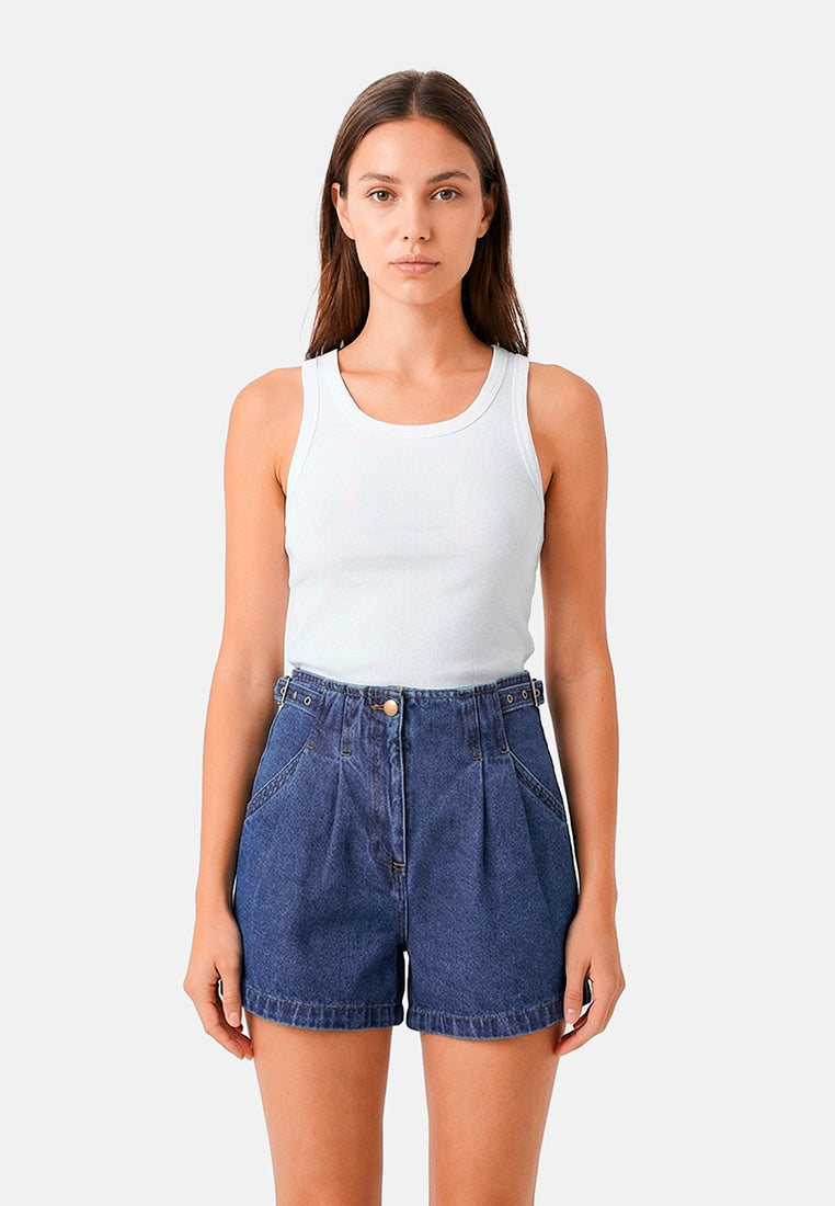 Pleated Denim Shorts