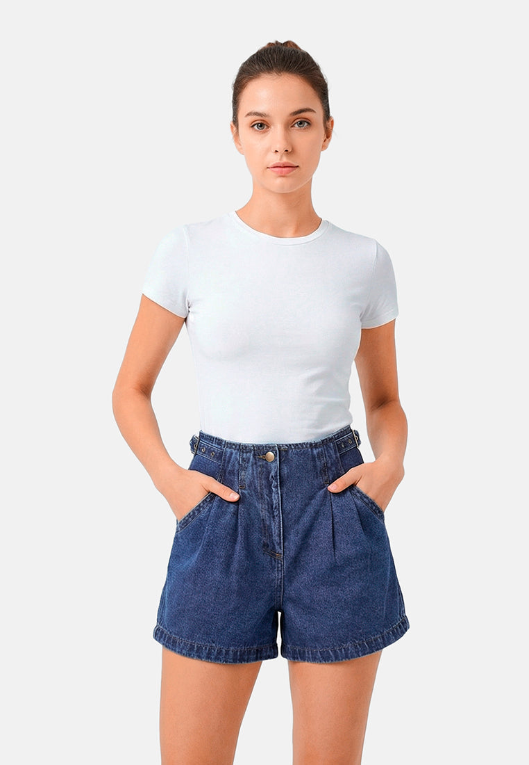 Pleated Denim Shorts