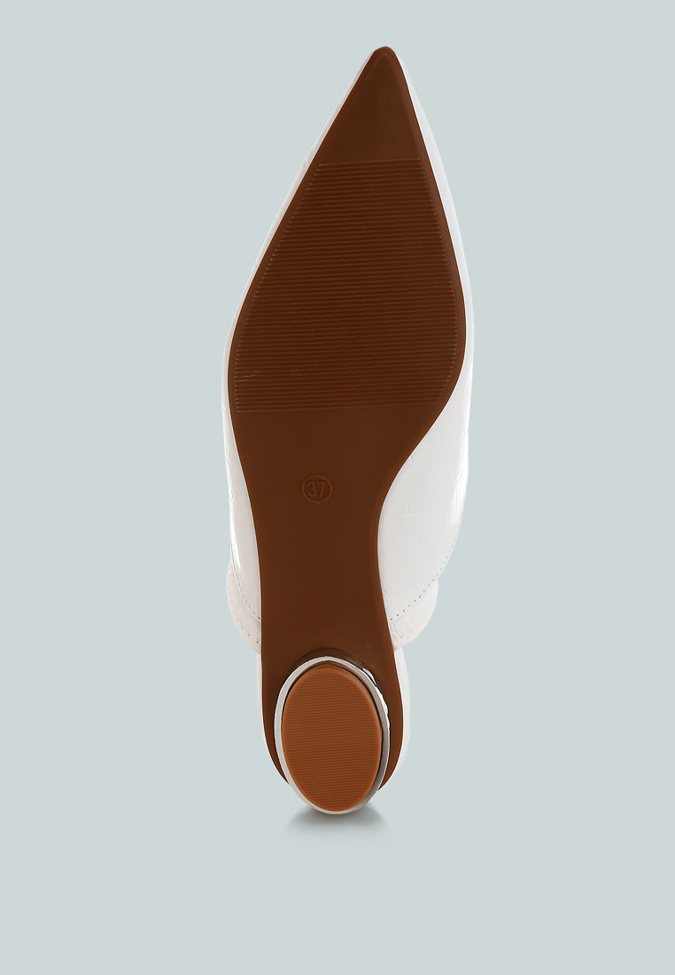 White Fantasy Heel Croco Mules by London Rag – slip-on mules with a croco-embossed exterior and metallic low block fantasy heel, close-up detail view