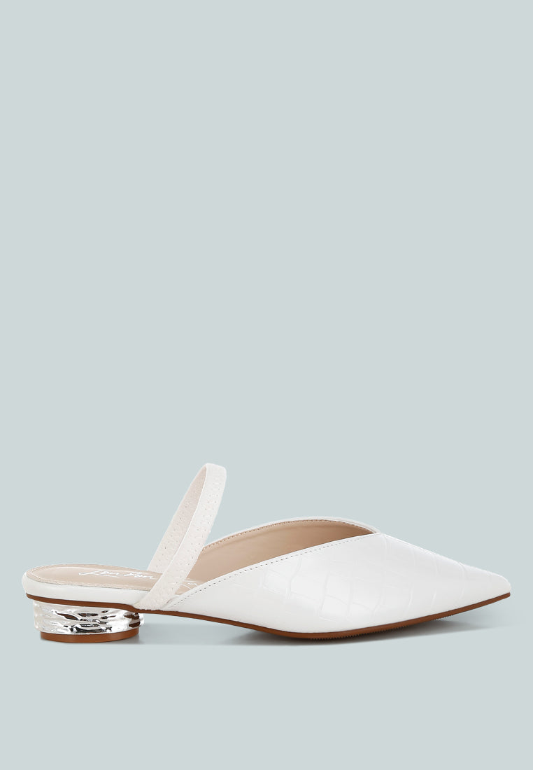 White Fantasy Heel Croco Mules by London Rag – slip-on mules with a croco-embossed exterior and metallic low block fantasy heel, front view