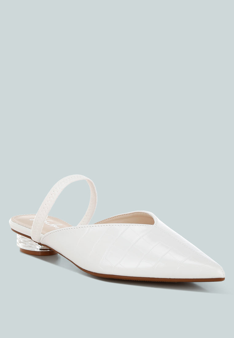 White Fantasy Heel Croco Mules by London Rag – slip-on mules with a croco-embossed exterior and metallic low block fantasy heel, side profile view