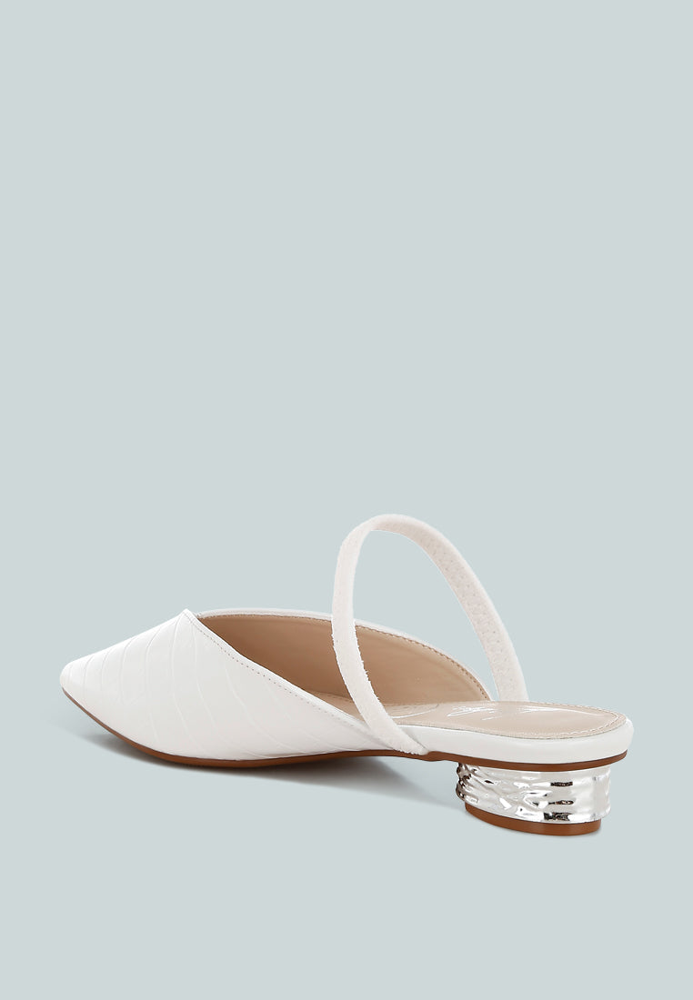 White Fantasy Heel Croco Mules by London Rag – slip-on mules with a croco-embossed exterior and metallic low block fantasy heel, angled view