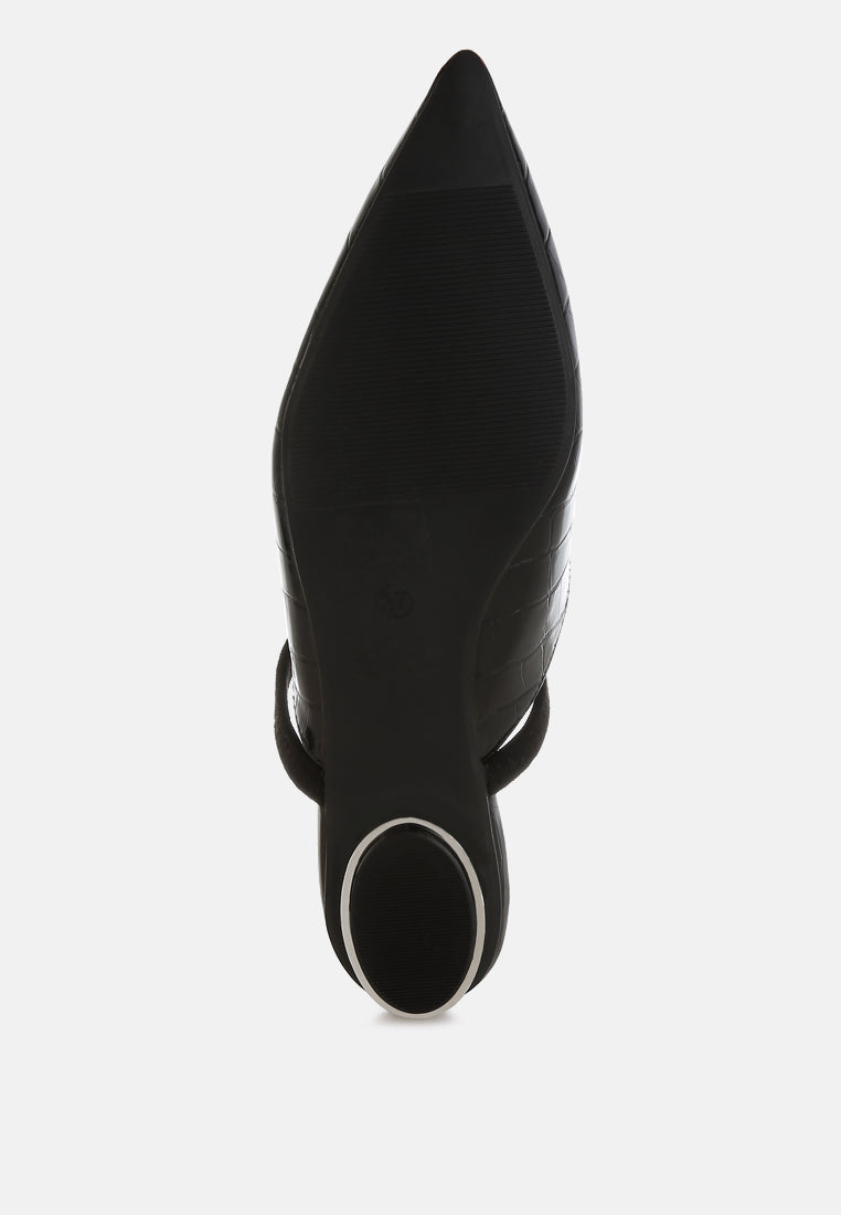 Black Fantasy Heel Croco Mules by London Rag – slip-on mules with a croco-embossed exterior and metallic low block fantasy heel, close-up detail view