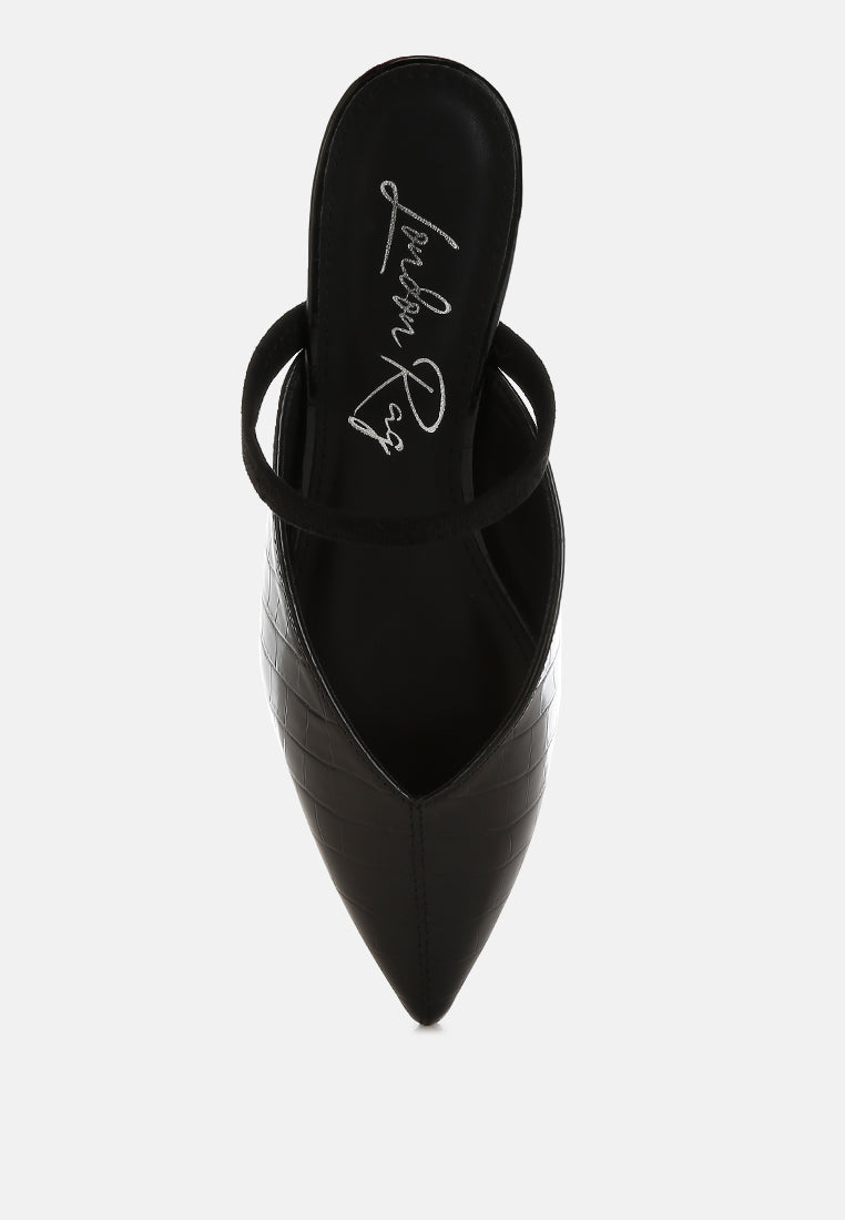 Black Fantasy Heel Croco Mules by London Rag – slip-on mules with a croco-embossed exterior and metallic low block fantasy heel, back view