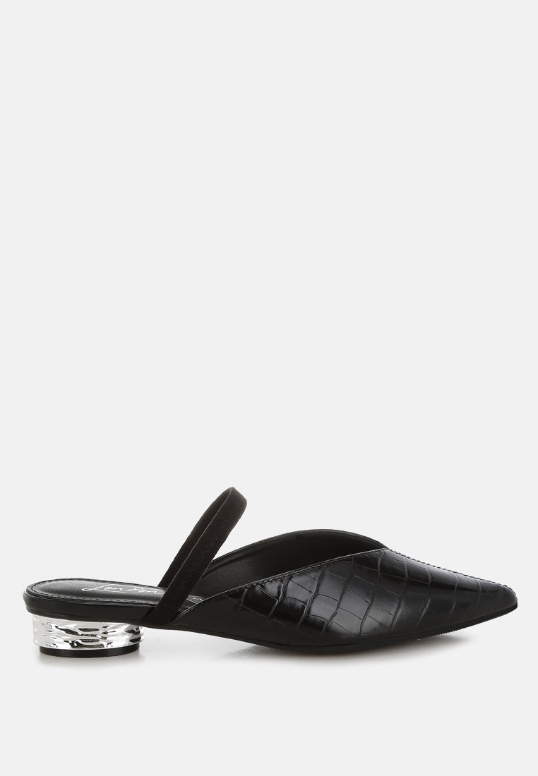 Black Fantasy Heel Croco Mules by London Rag – slip-on mules with a croco-embossed exterior and metallic low block fantasy heel, front view