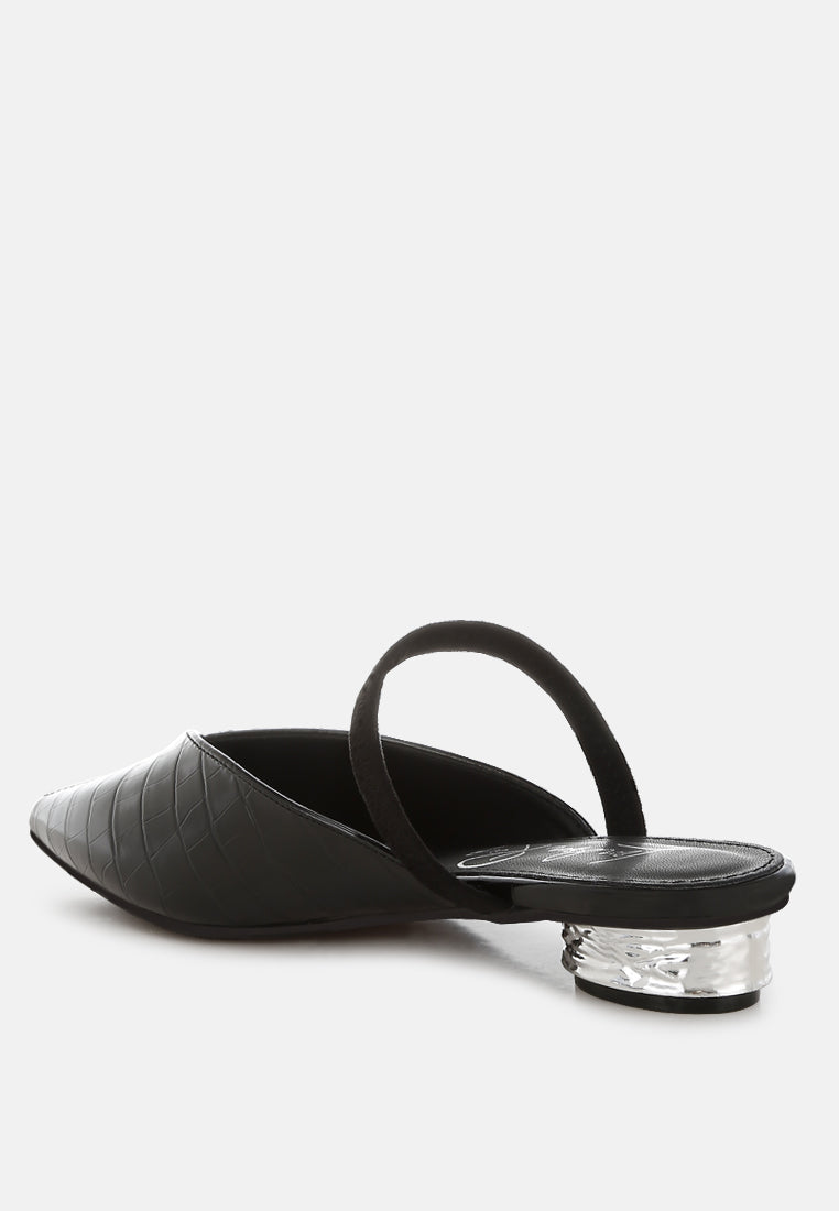 Black Fantasy Heel Croco Mules by London Rag – slip-on mules with a croco-embossed exterior and metallic low block fantasy heel, angled view