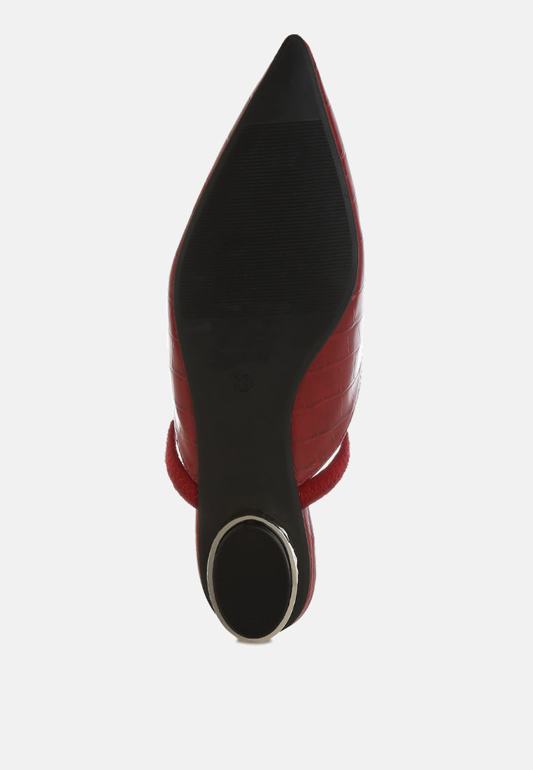 Red Fantasy Heel Croco Mules by London Rag – slip-on mules with a croco-embossed exterior and metallic low block fantasy heel, close-up detail view