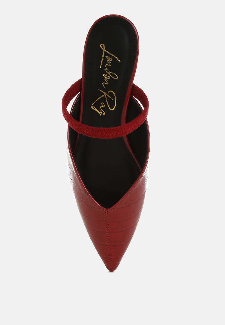Red Fantasy Heel Croco Mules by London Rag – slip-on mules with a croco-embossed exterior and metallic low block fantasy heel, back view
