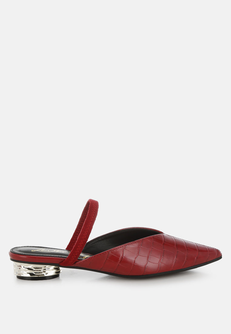 Red Fantasy Heel Croco Mules by London Rag – slip-on mules with a croco-embossed exterior and metallic low block fantasy heel, front view