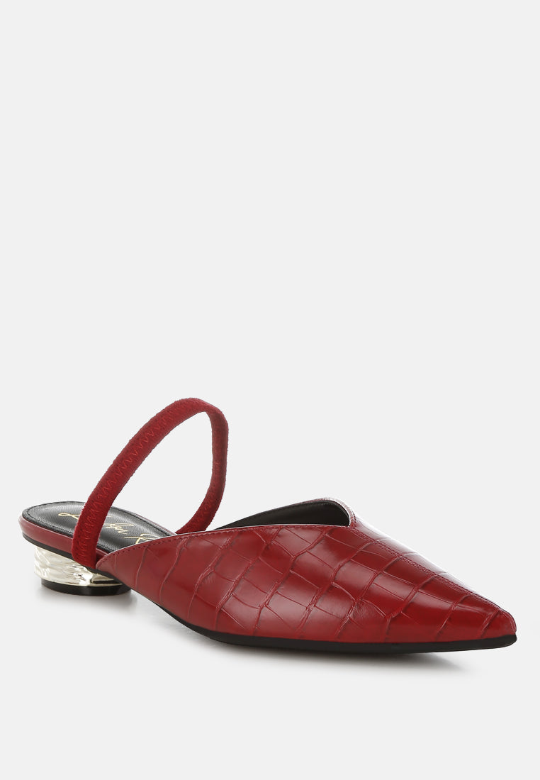 Red Fantasy Heel Croco Mules by London Rag – slip-on mules with a croco-embossed exterior and metallic low block fantasy heel, side profile view