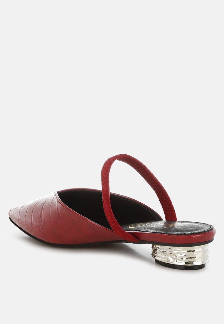 Red Fantasy Heel Croco Mules by London Rag – slip-on mules with a croco-embossed exterior and metallic low block fantasy heel, angled view