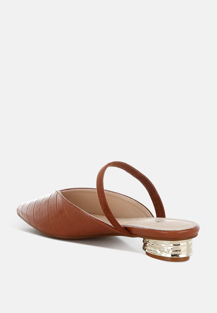 Tan Fantasy Heel Croco Mules by London Rag – slip-on mules with a croco-embossed exterior and metallic low block fantasy heel, angled view