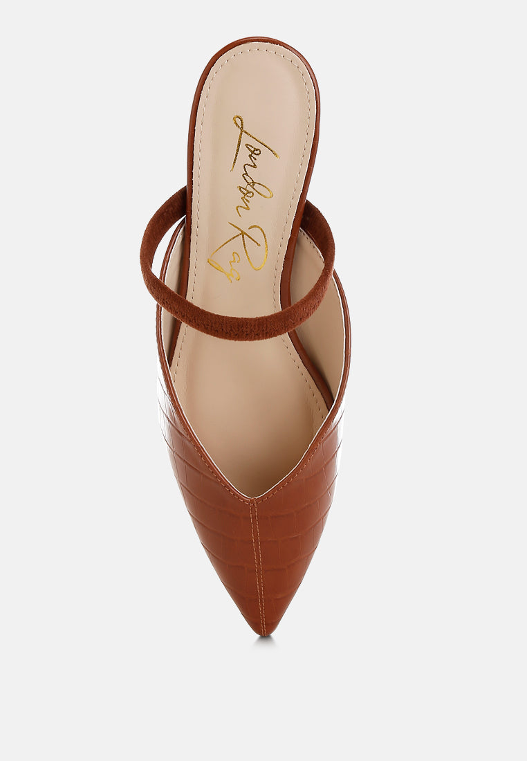 Tan Fantasy Heel Croco Mules by London Rag – slip-on mules with a croco-embossed exterior and metallic low block fantasy heel, back view