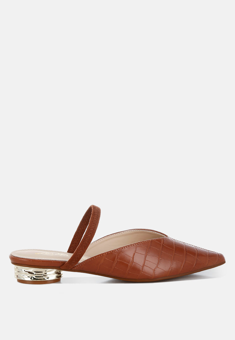 Tan Fantasy Heel Croco Mules by London Rag – slip-on mules with a croco-embossed exterior and metallic low block fantasy heel, front view