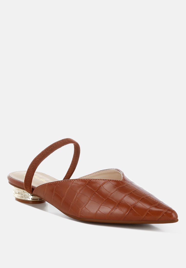 Tan Fantasy Heel Croco Mules by London Rag – slip-on mules with a croco-embossed exterior and metallic low block fantasy heel, side profile view