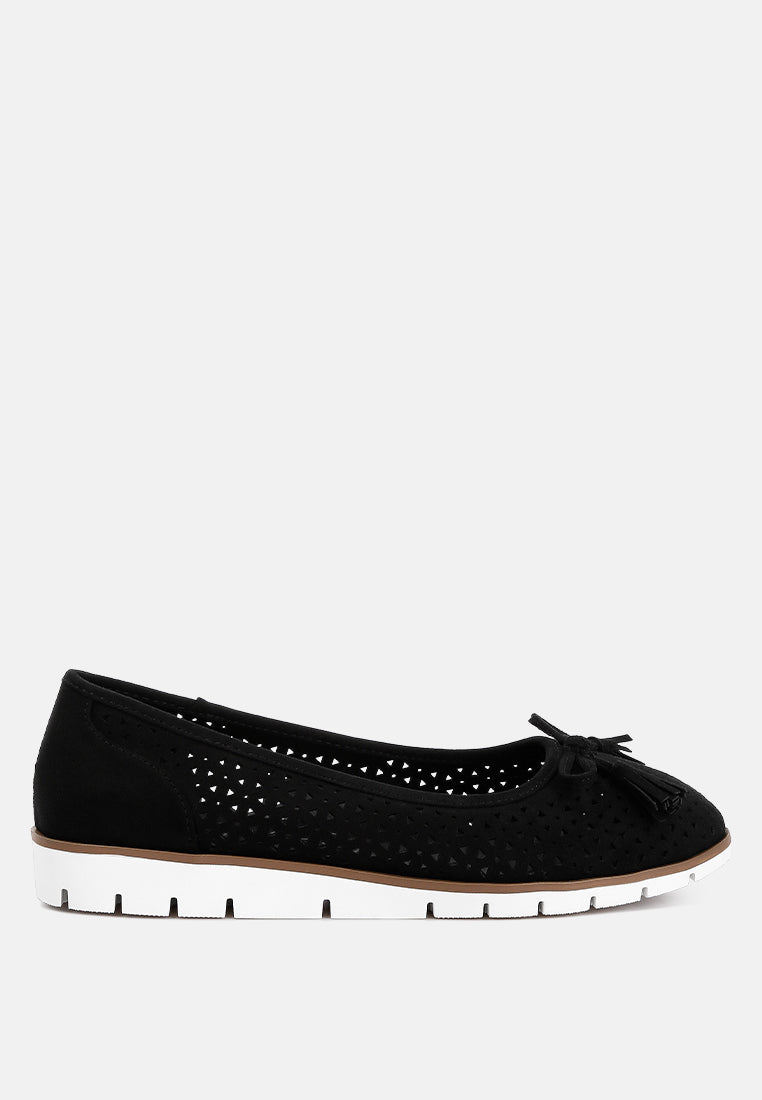 Black Perforated Leather Ballerinas by London Rag – perforated faux-leather ballerina flats with a bow embellishment and cushioned insole, front view