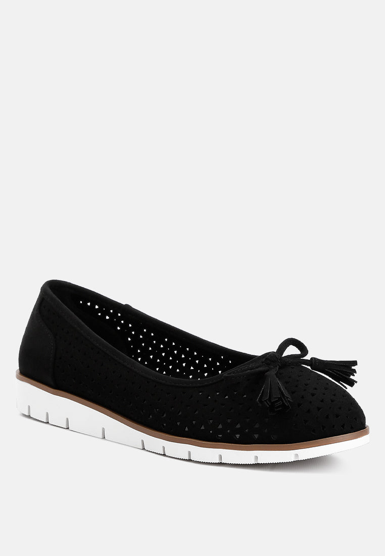 Black Perforated Leather Ballerinas by London Rag – perforated faux-leather ballerina flats with a bow embellishment and cushioned insole, side profile view