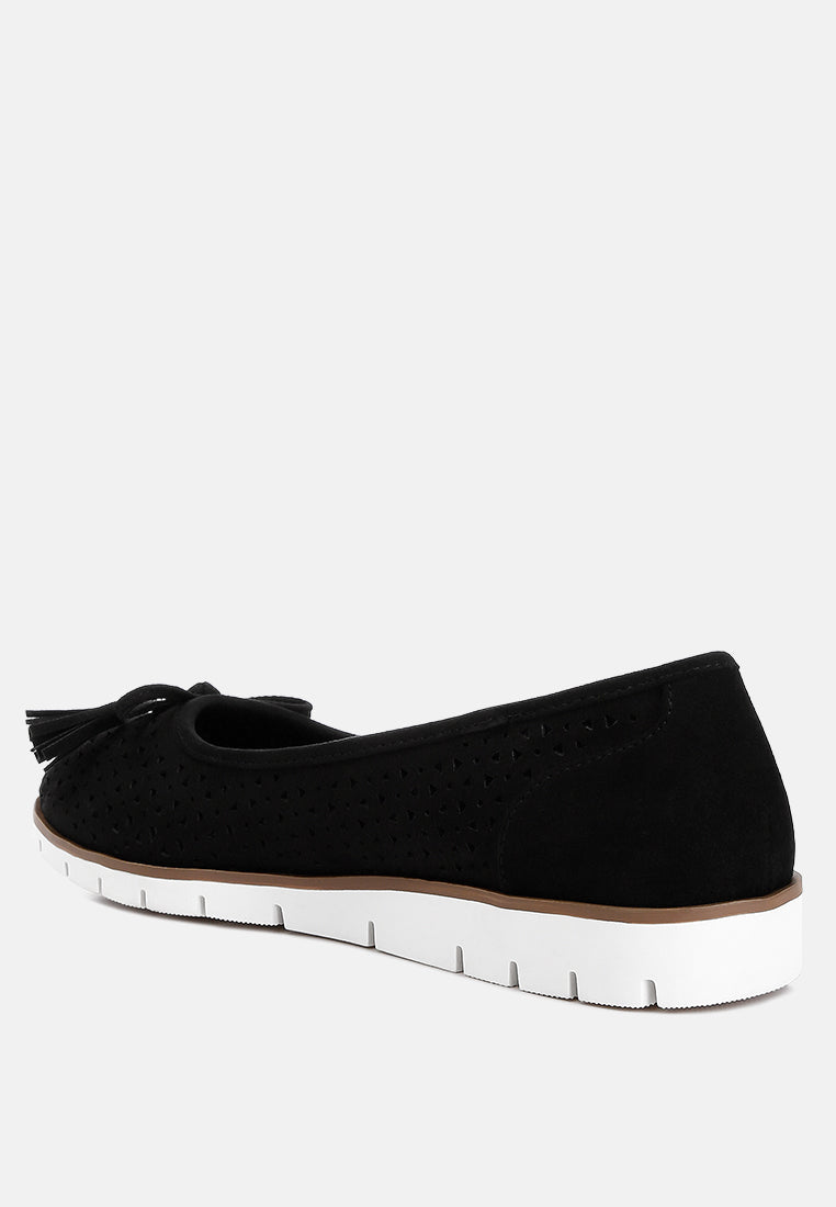 Black Perforated Leather Ballerinas by London Rag – perforated faux-leather ballerina flats with a bow embellishment and cushioned insole, angled view