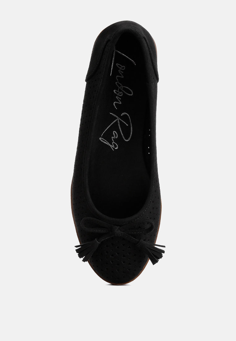 Black Perforated Leather Ballerinas by London Rag – perforated faux-leather ballerina flats with a bow embellishment and cushioned insole, back view