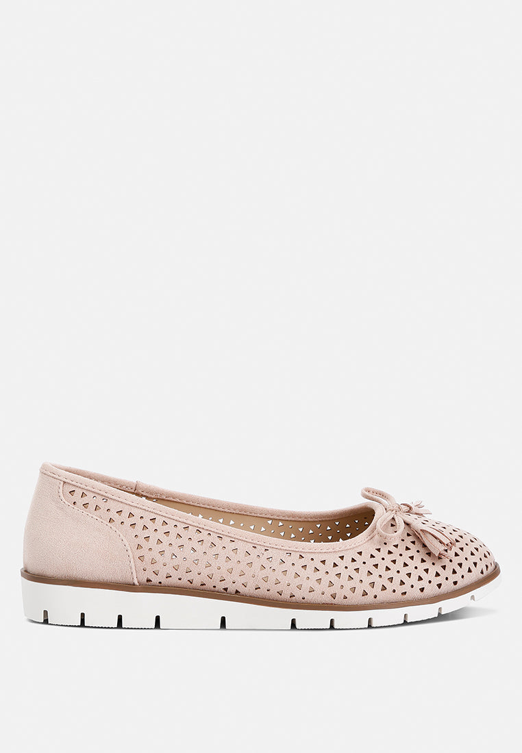 Blush Perforated Leather Ballerinas by London Rag – perforated faux-leather ballerina flats with a bow embellishment and cushioned insole, front view
