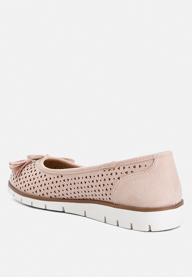 Blush Perforated Leather Ballerinas by London Rag – perforated faux-leather ballerina flats with a bow embellishment and cushioned insole, angled view
