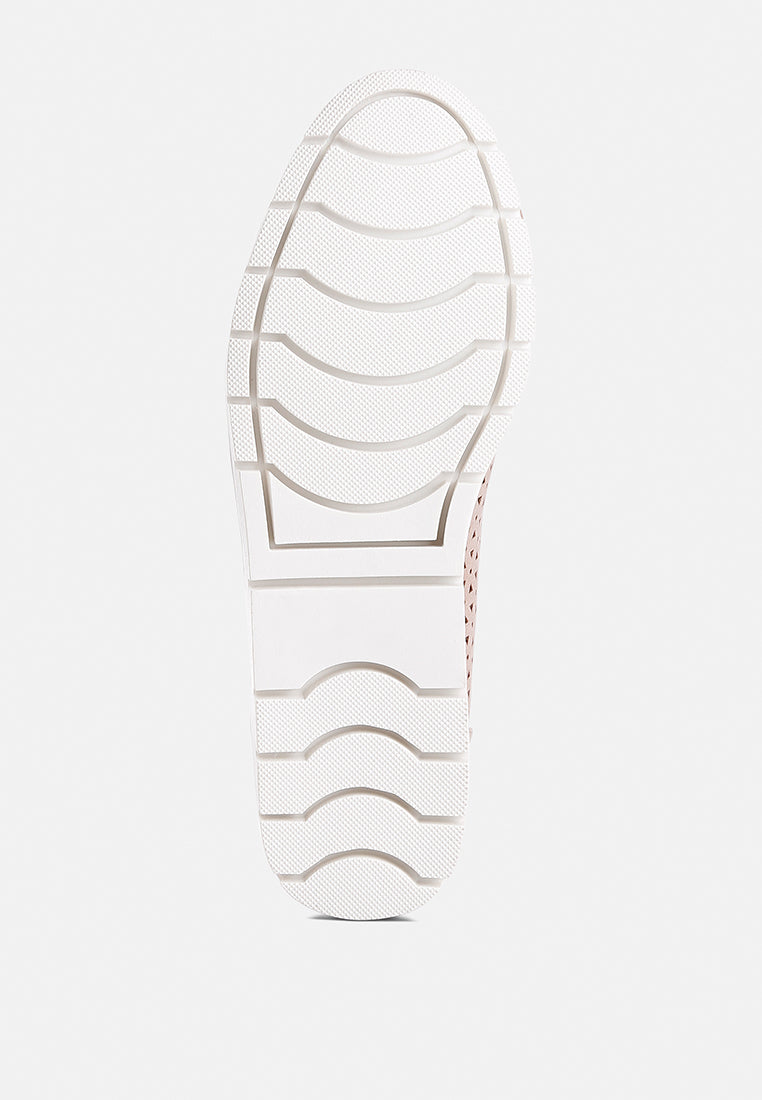 Blush Perforated Leather Ballerinas by London Rag – perforated faux-leather ballerina flats with a bow embellishment and cushioned insole, close-up detail view