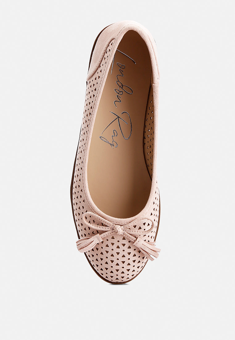 Blush Perforated Leather Ballerinas by London Rag – perforated faux-leather ballerina flats with a bow embellishment and cushioned insole, back view