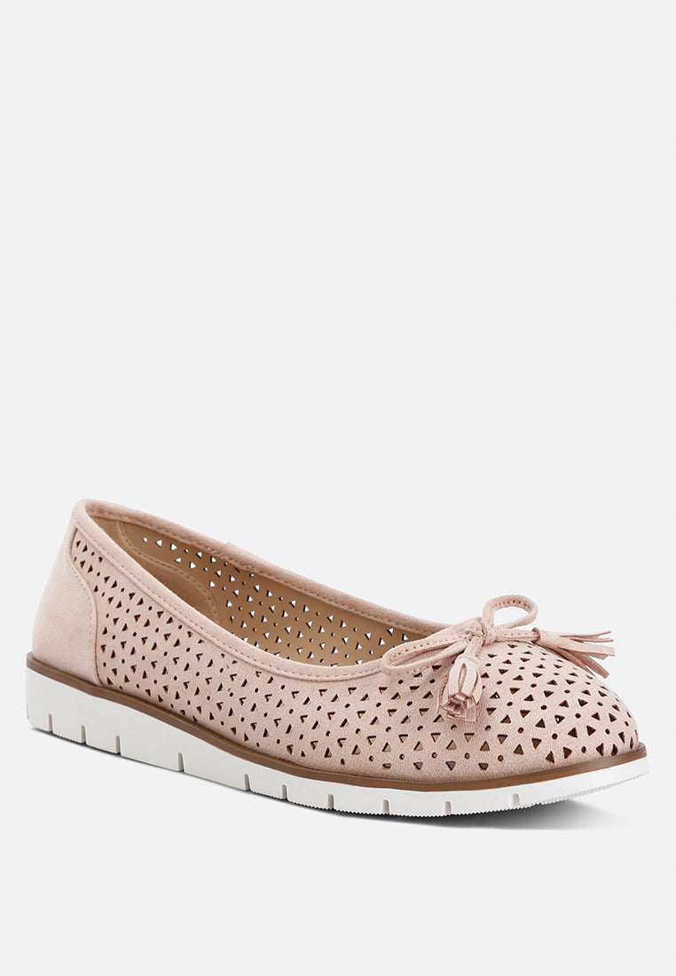 Blush Perforated Leather Ballerinas by London Rag – perforated faux-leather ballerina flats with a bow embellishment and cushioned insole, side profile view