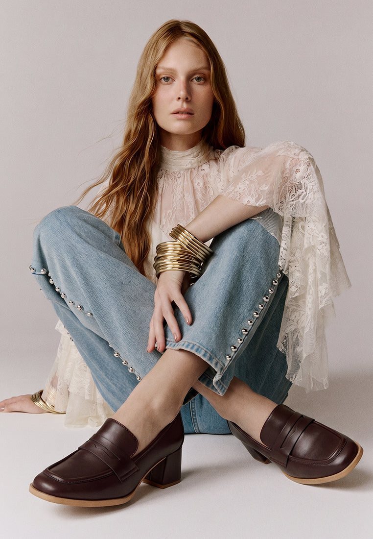 Sutapa Penny Strap Flared Block Heel Loafers