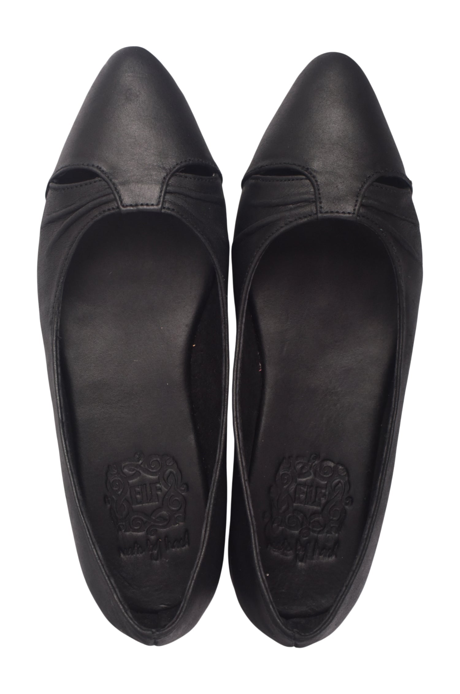 Pair of black pointed-toe shoes on a white background
