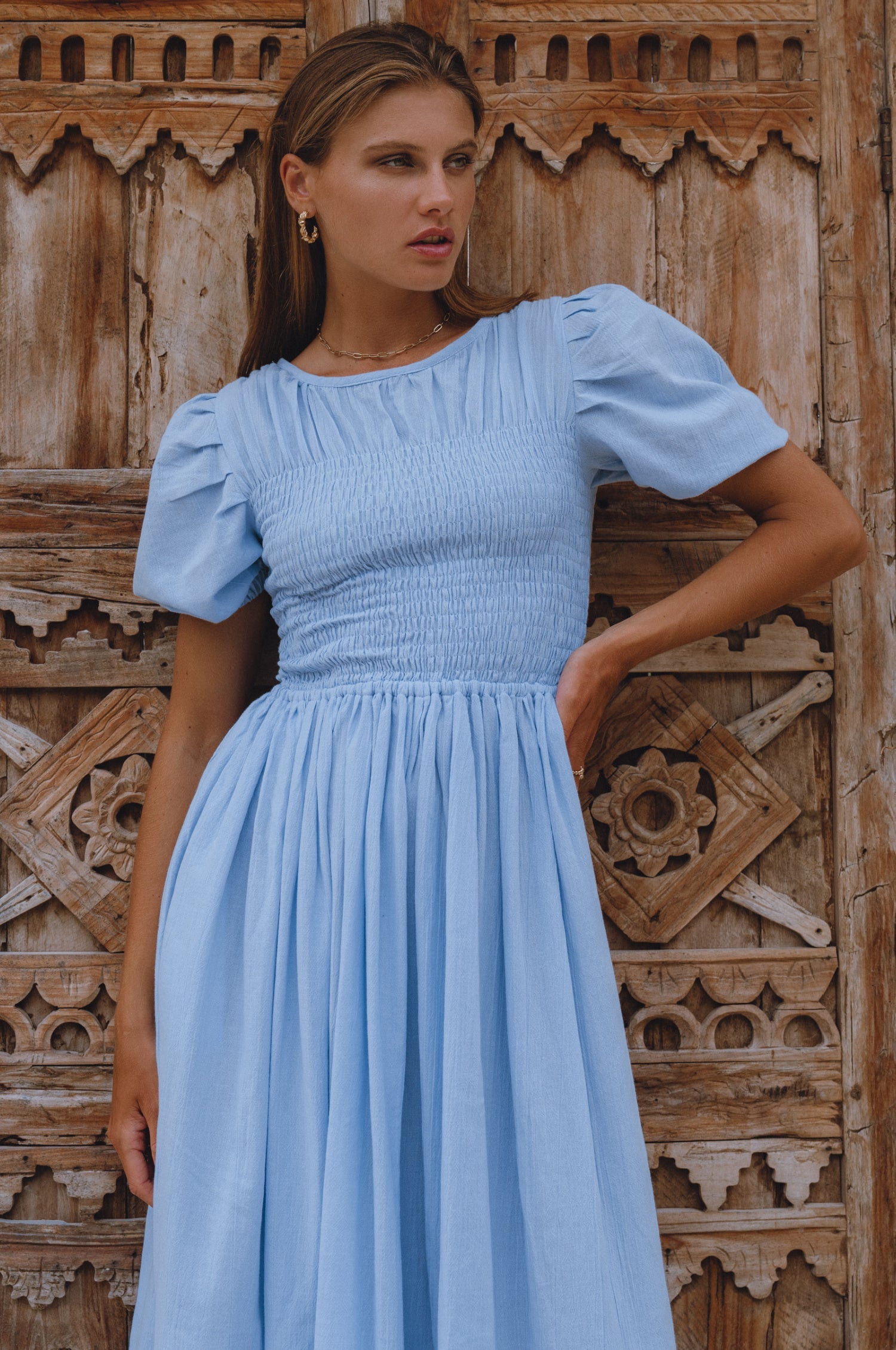 Sophie Smocked Linen Midi Dress by Bali Lane