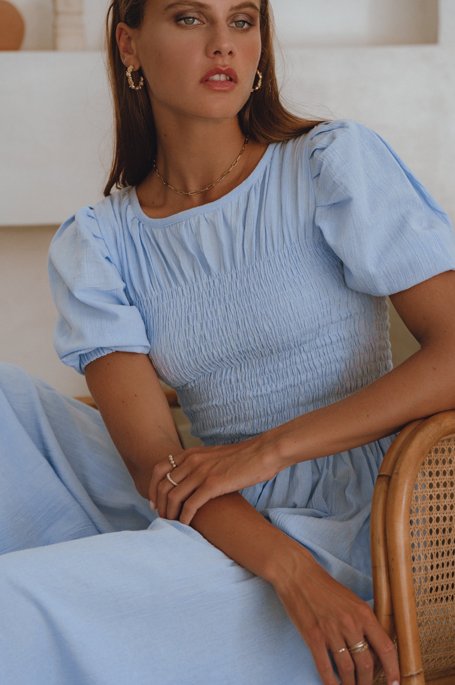 Sophie Smocked Linen Midi Dress by Bali Lane