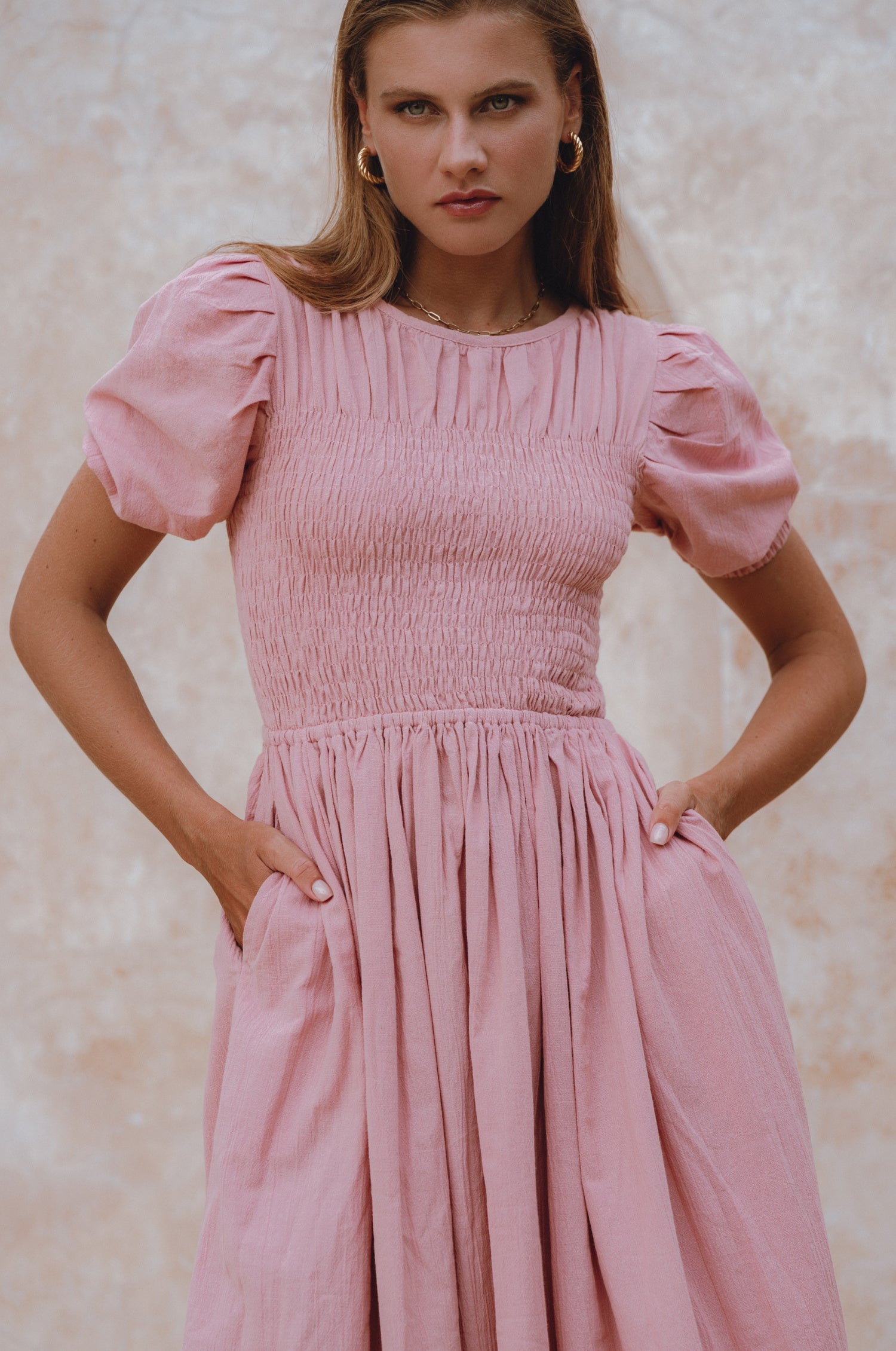 Sophie Smocked Linen Midi Dress by Bali Lane