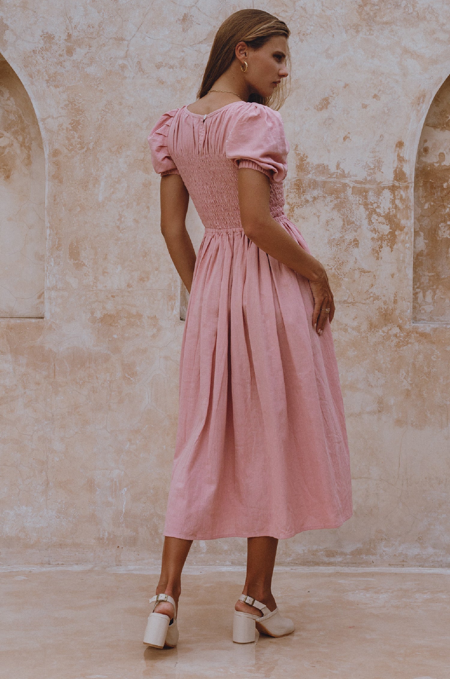 Sophie Smocked Linen Midi Dress by Bali Lane