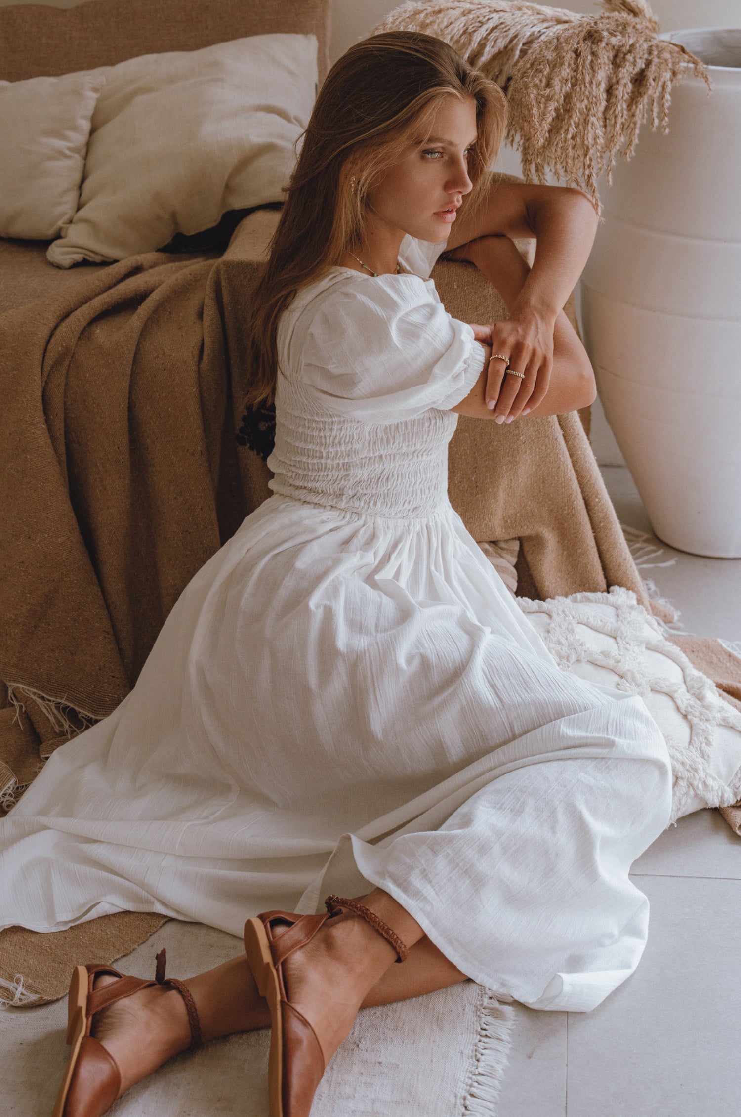 Sophie Smocked Linen Midi Dress by Bali Lane