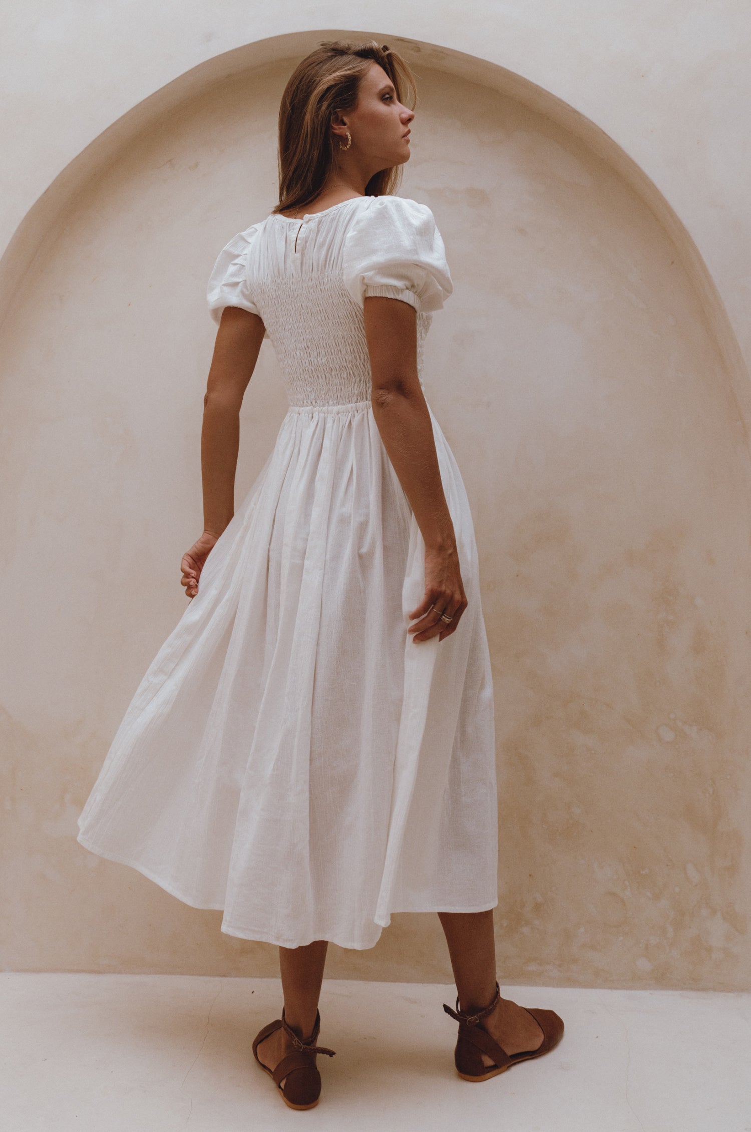 Sophie Smocked Linen Midi Dress by Bali Lane