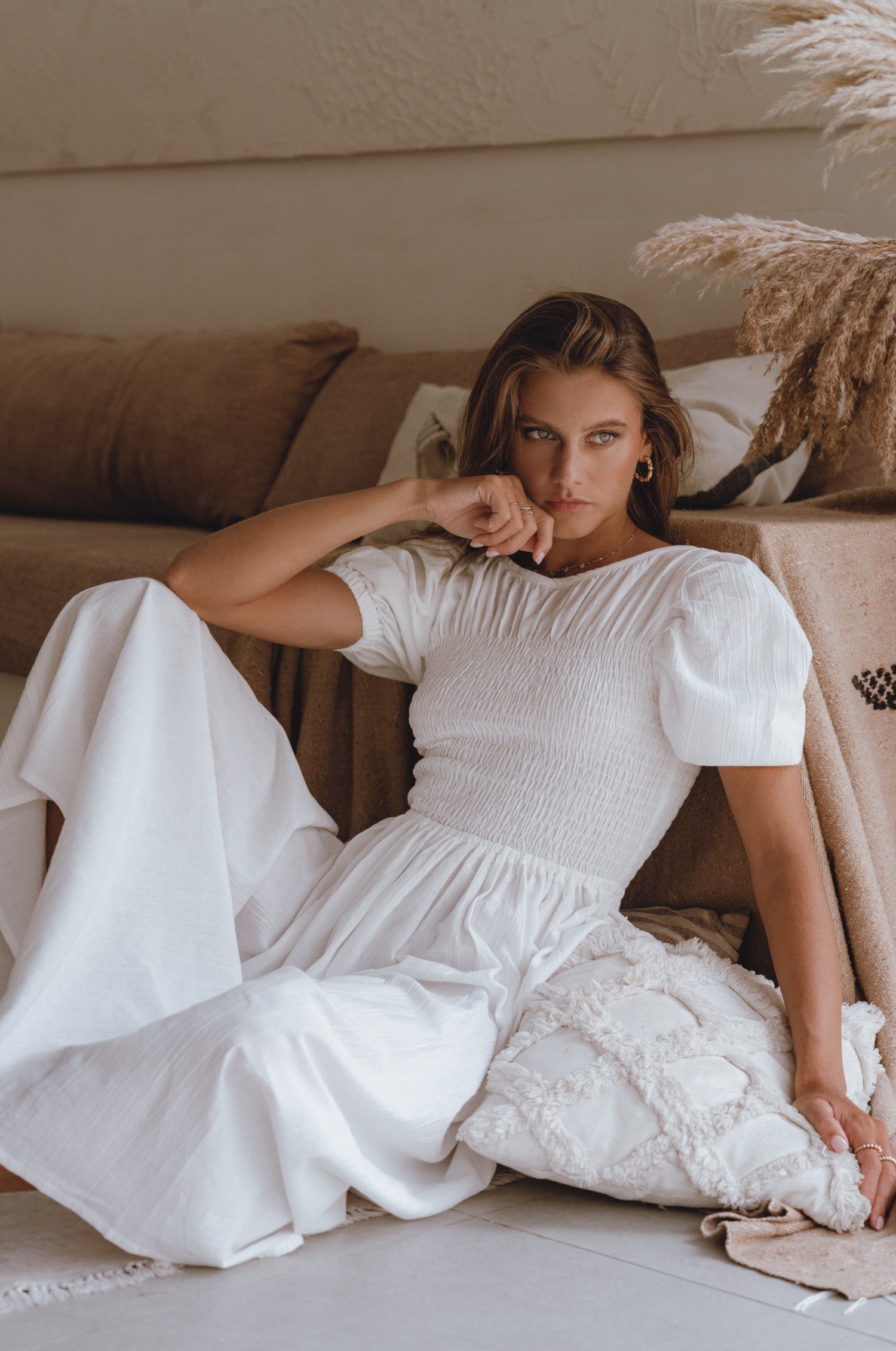 Sophie Smocked Linen Midi Dress by Bali Lane