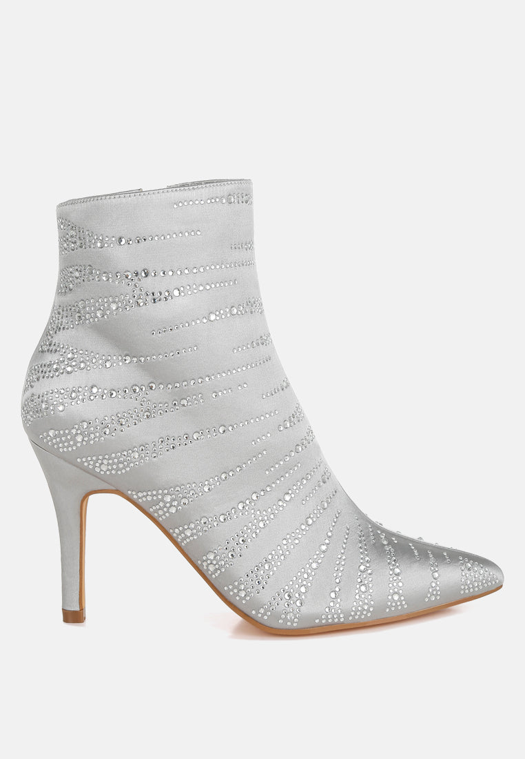 Silver Satin Rhinestone Ankle Party Boots by London Rag – satin ankle boots with a pointed toe, stiletto heel, and dazzling rhinestone embellishment, front view