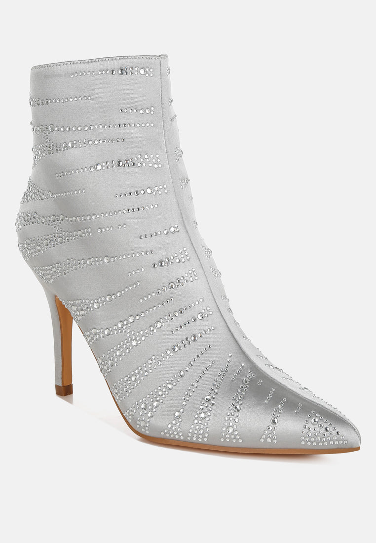 Silver Satin Rhinestone Ankle Party Boots by London Rag – satin ankle boots with a pointed toe, stiletto heel, and dazzling rhinestone embellishment, side profile view