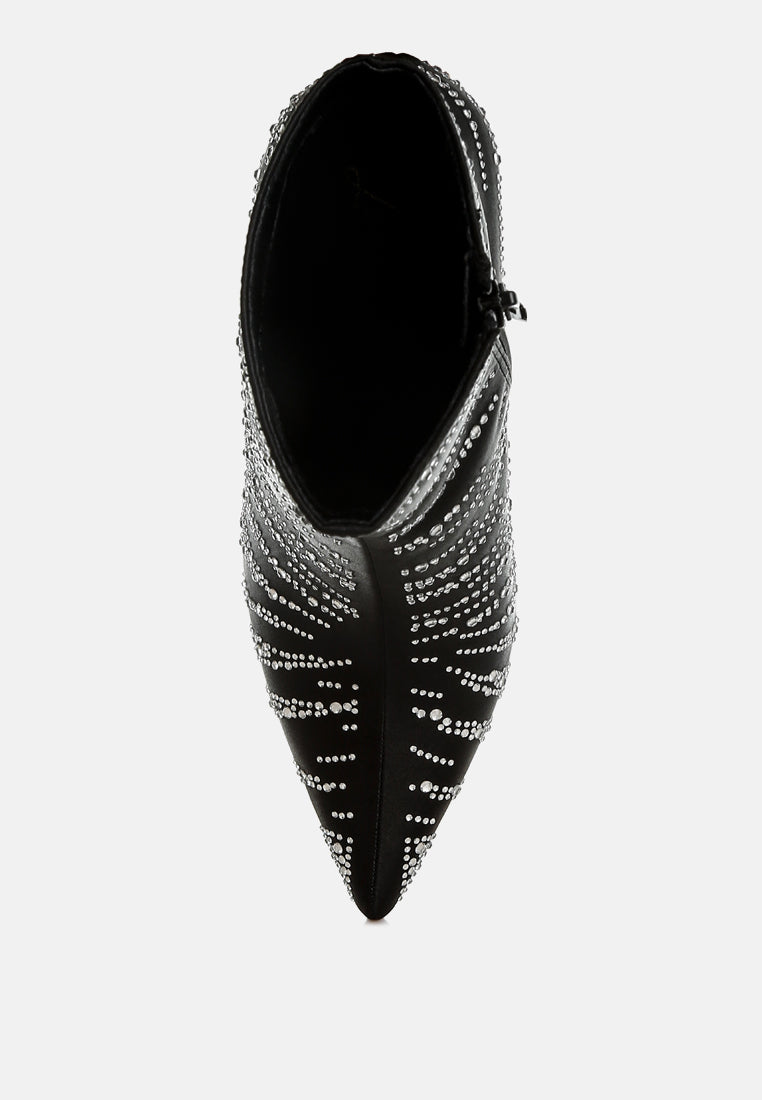 Black Satin Rhinestone Ankle Party Boots by London Rag – satin ankle boots with a pointed toe, stiletto heel, and dazzling rhinestone embellishment, back view