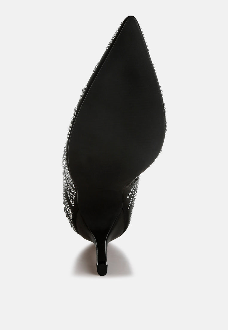 Black Satin Rhinestone Ankle Party Boots by London Rag – satin ankle boots with a pointed toe, stiletto heel, and dazzling rhinestone embellishment, close-up detail view