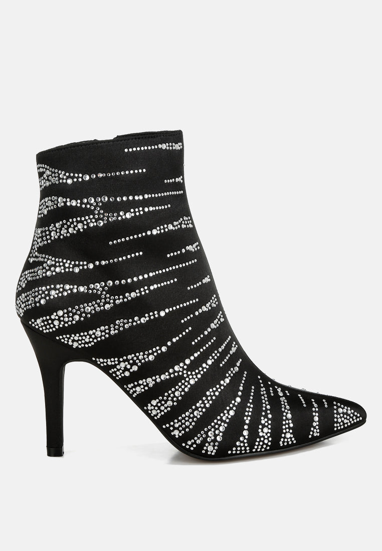 Black Satin Rhinestone Ankle Party Boots by London Rag – satin ankle boots with a pointed toe, stiletto heel, and dazzling rhinestone embellishment, front view