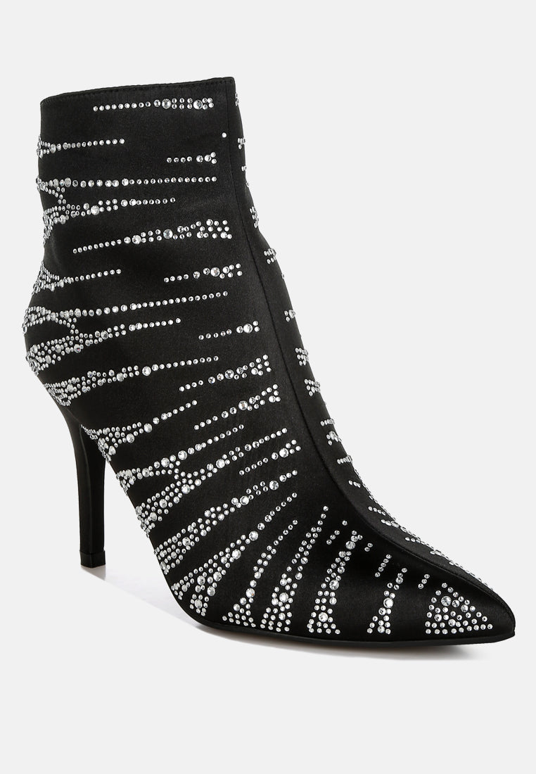 Black Satin Rhinestone Ankle Party Boots by London Rag – satin ankle boots with a pointed toe, stiletto heel, and dazzling rhinestone embellishment, side profile view