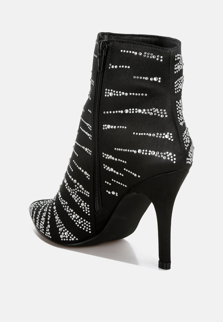 Black Satin Rhinestone Ankle Party Boots by London Rag – satin ankle boots with a pointed toe, stiletto heel, and dazzling rhinestone embellishment, angled view