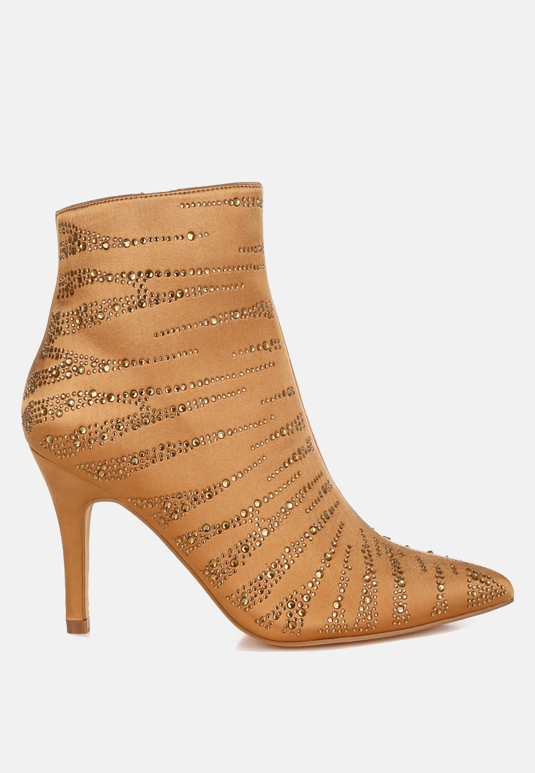 Brown Satin Rhinestone Ankle Party Boots by London Rag – satin ankle boots with a pointed toe, stiletto heel, and dazzling rhinestone embellishment, front view