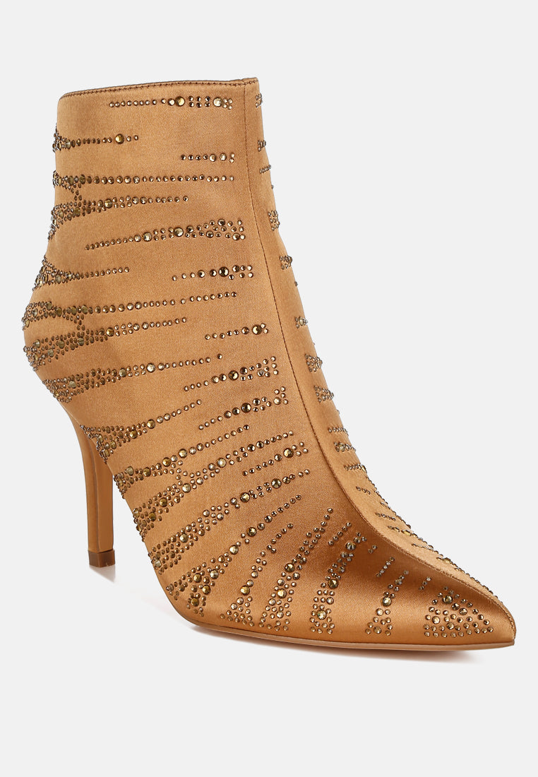 Brown Satin Rhinestone Ankle Party Boots by London Rag – satin ankle boots with a pointed toe, stiletto heel, and dazzling rhinestone embellishment, side profile view