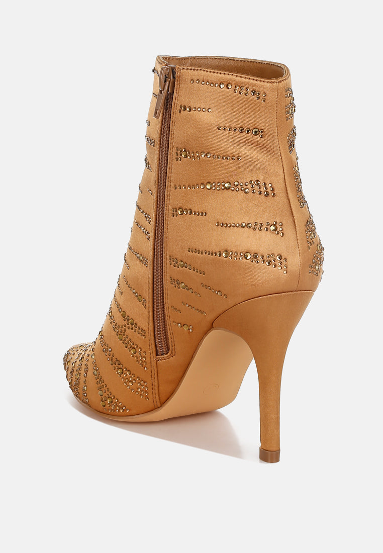 Brown Satin Rhinestone Ankle Party Boots by London Rag – satin ankle boots with a pointed toe, stiletto heel, and dazzling rhinestone embellishment, angled view