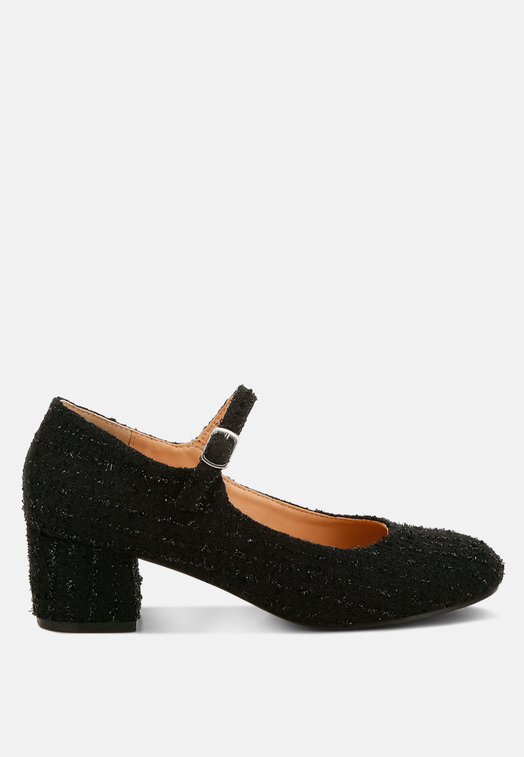Black Tweed Mary Jane Sandals by London Rag – Mary Jane sandals with a tweed fabric upper, ankle strap, and low block heel, front view